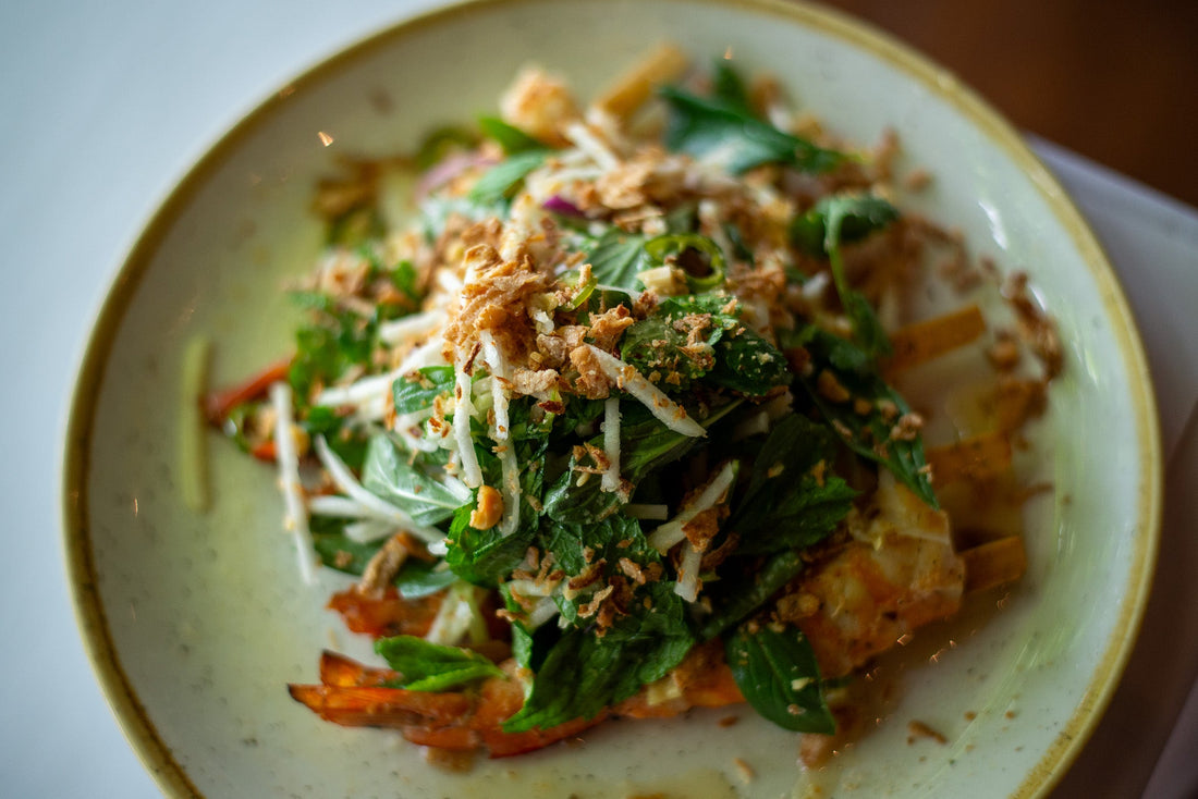 Skewered Prawns with Kohlrabi & Chilli Slaw