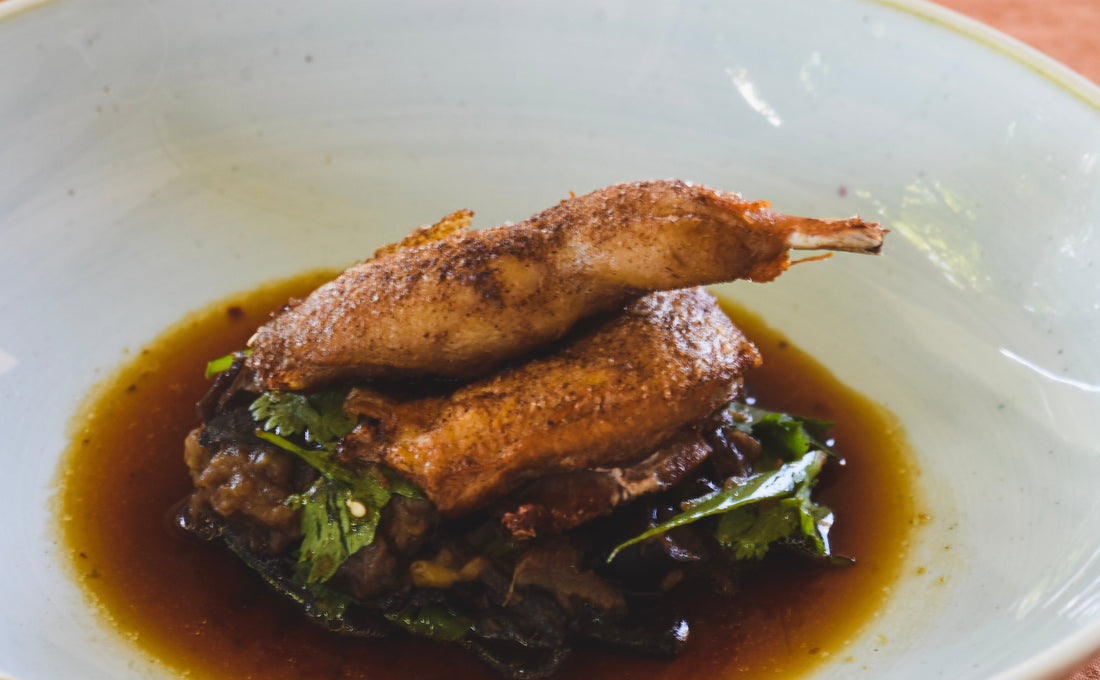 Five-Spice Salt Quail with Eggplant Chilli Salad